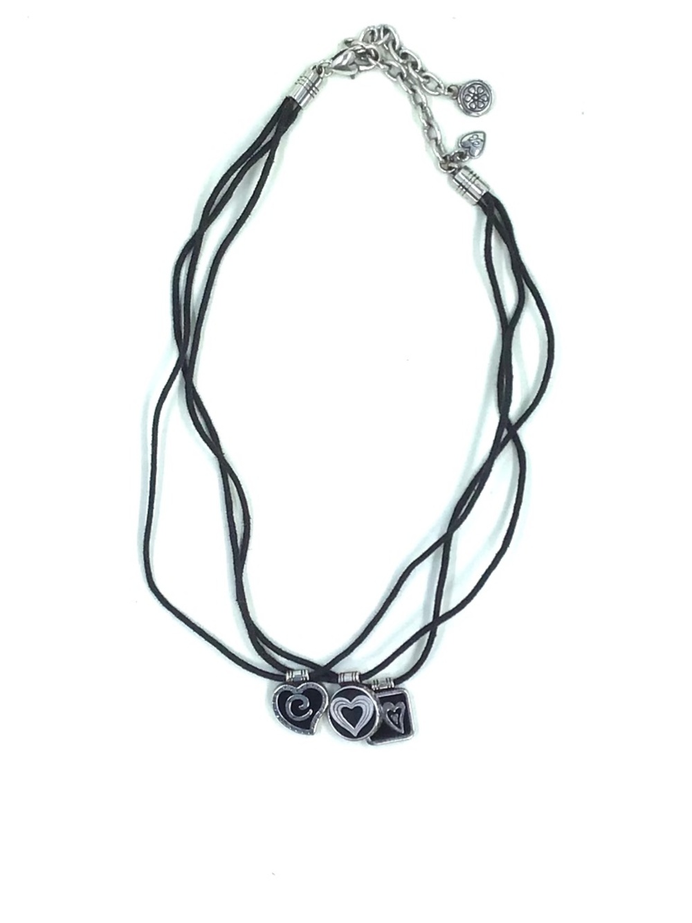 Brighton Silver Toned Trio Reversible Charm Heart Necklace Black Rope